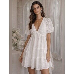 QUIZ White Textured Puff Sleeve Mini Dress Tie Back Babydoll Size 10